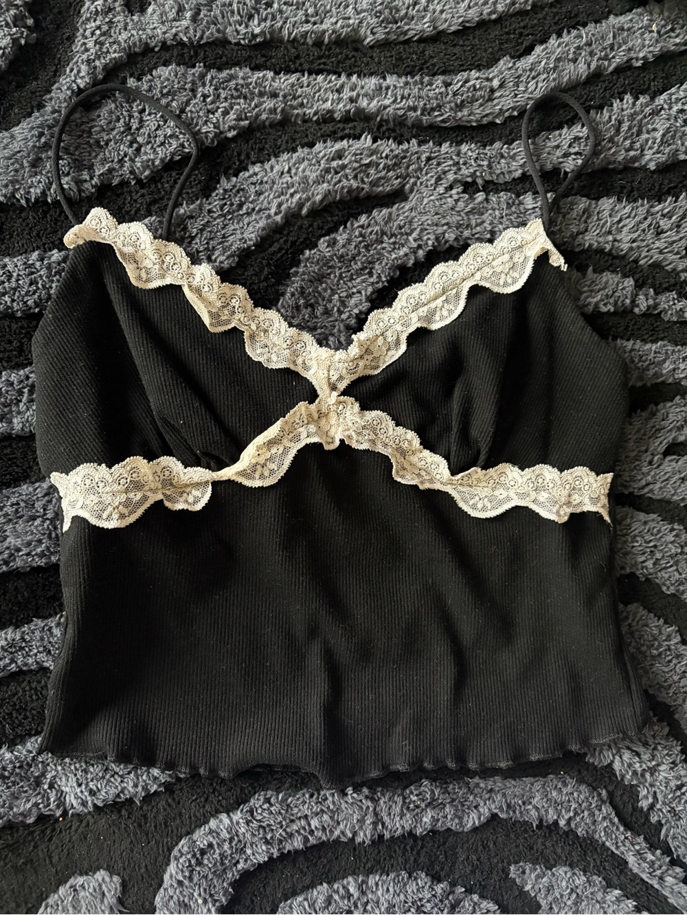 SHEIN Black Ribbed Cami with Cream Lace Trim